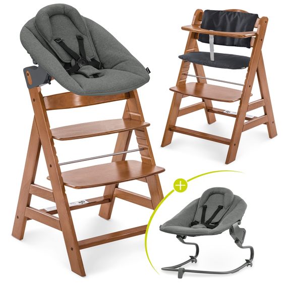 Hauck 4-tlg. Alpha Plus Newborn Set - Hochstuhl + Bouncer 2in1 Premium in Dark Grey + Sitzkissen Deluxe in Melange Charcoal - Walnut