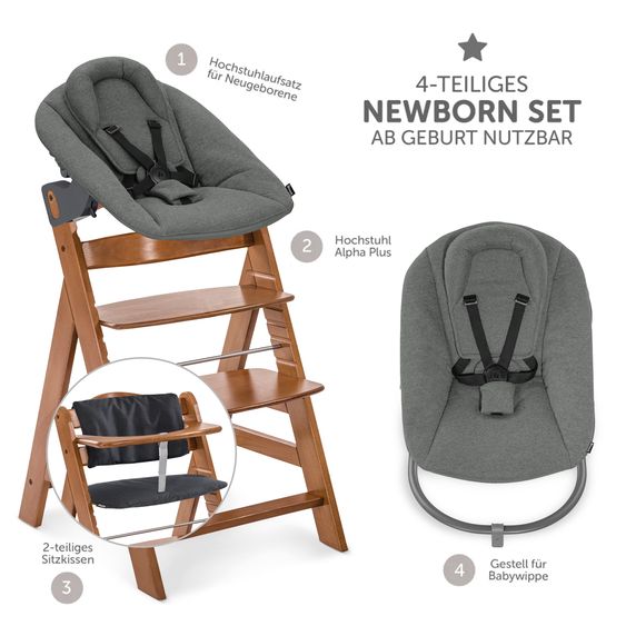 Hauck 4-tlg. Alpha Plus Newborn Set - Hochstuhl + Bouncer 2in1 Premium in Dark Grey + Sitzkissen Deluxe in Melange Charcoal - Walnut