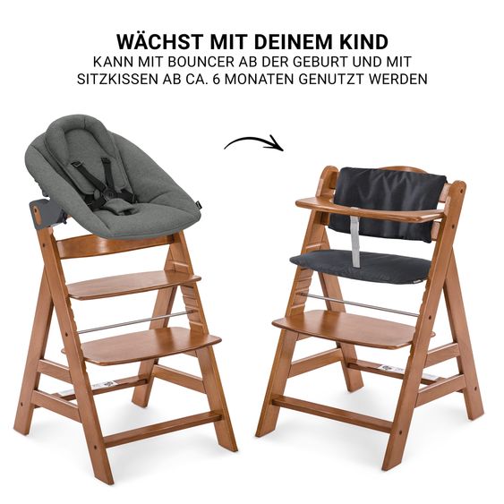 Hauck 4-tlg. Alpha Plus Newborn Set - Hochstuhl + Bouncer 2in1 Premium in Dark Grey + Sitzkissen Deluxe in Melange Charcoal - Walnut