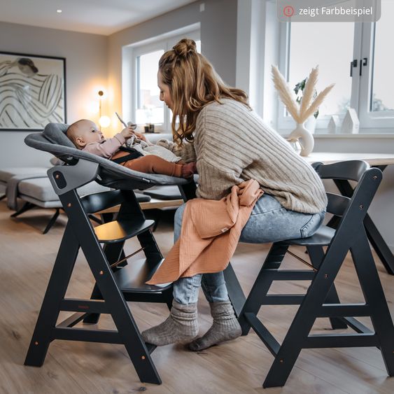 Hauck 4-tlg. Alpha Plus Newborn Set - Hochstuhl + Bouncer 2in1 Premium in Dark Grey + Sitzkissen Deluxe in Melange Charcoal - Walnut