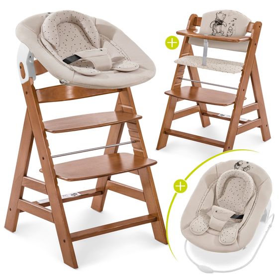 Hauck Alpha Plus Walnut 4-tlg. Newborn Set - Disney Pooh - Hochstuhl + Neugeboreneneinsatz & Wippe + Sitzpolster