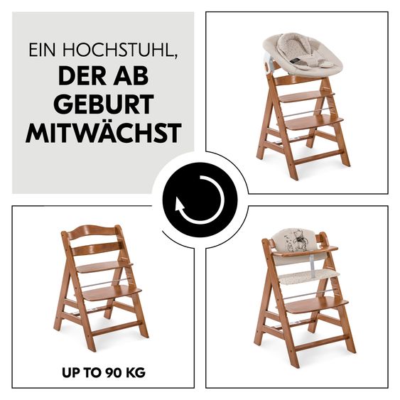 Hauck Alpha Plus Walnut 4-tlg. Newborn Set - Disney Pooh - Hochstuhl + Neugeboreneneinsatz & Wippe + Sitzpolster