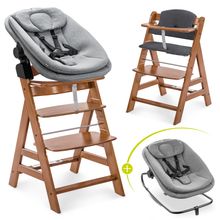 Alpha Plus Walnut 4-tlg. Newborn Set - Hochstuhl + 2in1 Babyaufsatz & Wippe + Sitzkissen - Dark Grey Melange