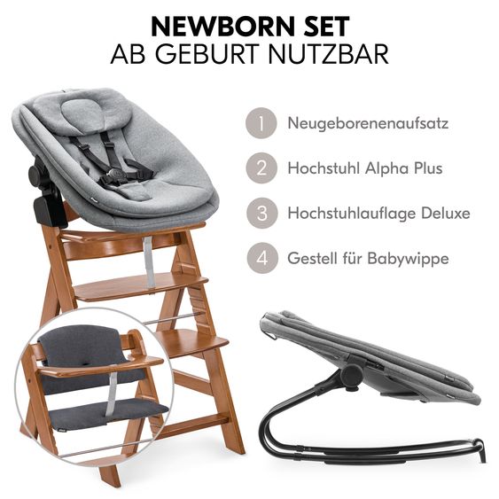 Hauck Set neonato Alpha Plus Walnut 4 pezzi - Seggiolone + Attaccabimbi e dondolo 2in1 + Cuscino per la seduta - Grigio scuro melange