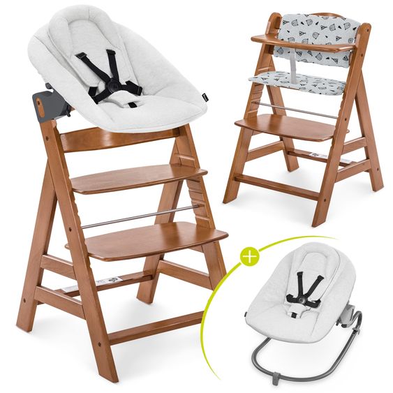 Hauck Alpha Plus Walnut 4-piece Newborn Set Light Grey- high chair + newborn insert & rocker Premium + seat cushion Nordic Grey