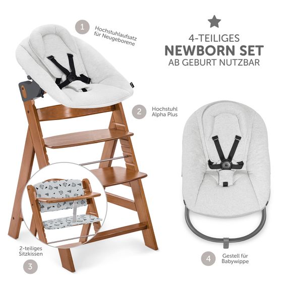 Hauck Alpha Plus Walnut 4-tlg. Newborn Set Light Grey- Hochstuhl + Neugeboreneneinsatz & Wippe Premium + Sitzkissen Nordic Grey