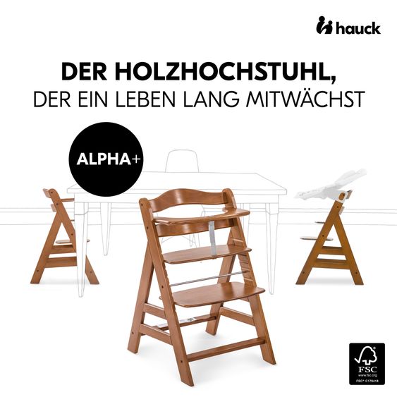 Hauck Alpha Plus Walnut Set neonato 4 pezzi Grigio chiaro - Seggiolone + inserto neonato e dondolo Premium + cuscino di seduta Grigio Nordico