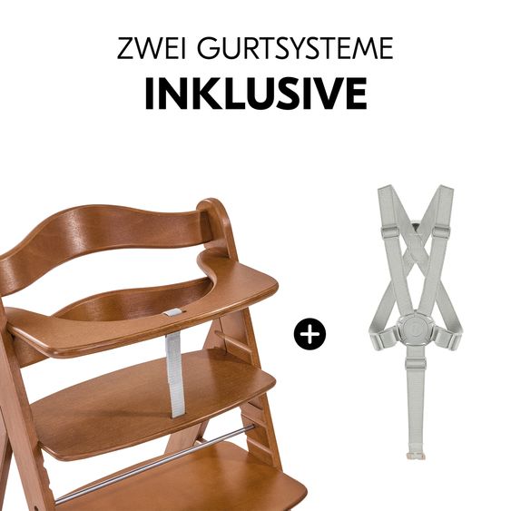 Hauck Alpha Plus Walnut 4-tlg. Newborn Set Light Grey- Hochstuhl + Neugeboreneneinsatz & Wippe Premium + Sitzkissen Nordic Grey