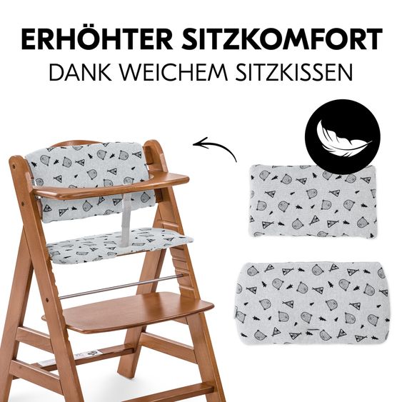 Hauck Alpha Plus Walnut 4-tlg. Newborn Set Light Grey- Hochstuhl + Neugeboreneneinsatz & Wippe Premium + Sitzkissen Nordic Grey