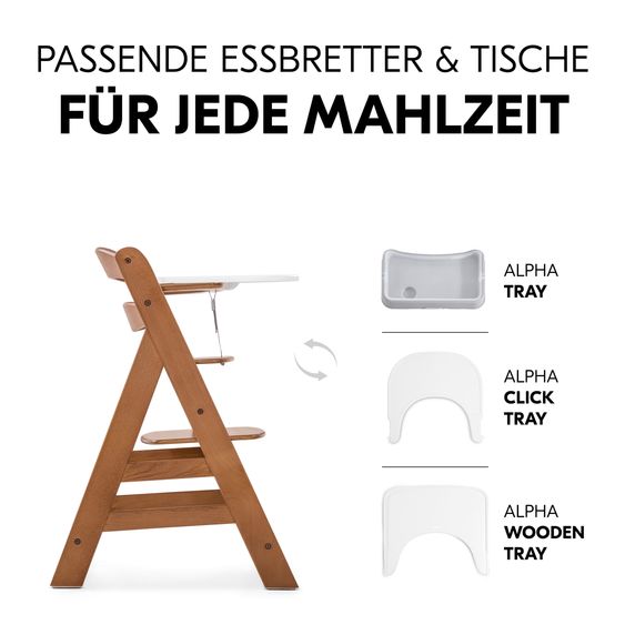 Hauck Alpha Plus Walnut 4-tlg. Newborn Set Light Grey- Hochstuhl + Neugeboreneneinsatz & Wippe Premium + Sitzkissen Nordic Grey