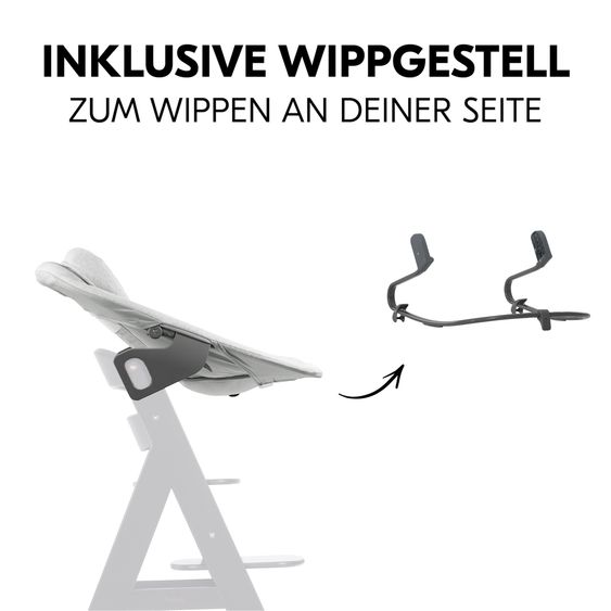 Hauck Alpha Plus Walnut 4-tlg. Newborn Set Light Grey- Hochstuhl + Neugeboreneneinsatz & Wippe Premium + Sitzkissen Nordic Grey