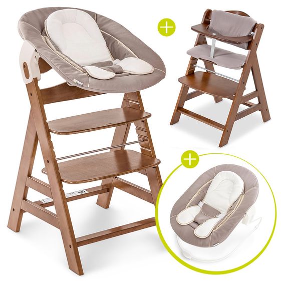 Hauck Alpha Plus Walnut Newborn Set - 4-tlg. Hochstuhl + Neugeborenenaufsatz & Wippe Stretch Beige + Sitzkissen