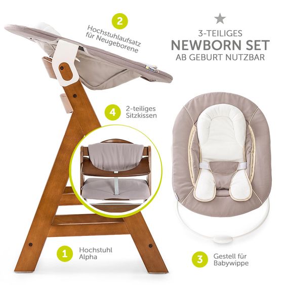 Hauck Alpha Plus Walnut Newborn Set - 4-tlg. Hochstuhl + Neugeborenenaufsatz & Wippe Stretch Beige + Sitzkissen