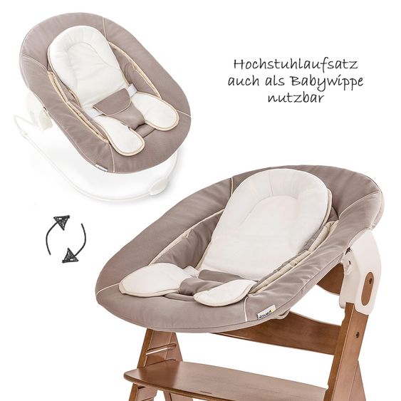 Hauck Alpha Plus Walnut Newborn Set - 4-tlg. Hochstuhl + Neugeborenenaufsatz & Wippe Stretch Beige + Sitzkissen