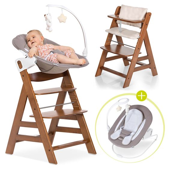 Hauck Alpha Plus Walnut Newborn Set Deluxe - 4-tlg. Hochstuhl + 2in1 Neugeboreneneinsatz (verstellbar) + Sitzpolster