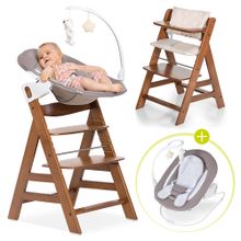 Alpha Plus Walnut Newborn Set Deluxe - 4-tlg. Hochstuhl + 2in1 Neugeboreneneinsatz (verstellbar) + Sitzpolster