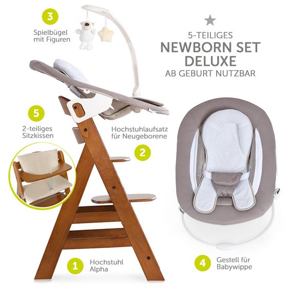 Hauck Alpha Plus Walnut Newborn Set Deluxe - 4-tlg. Hochstuhl + 2in1 Neugeboreneneinsatz (verstellbar) + Sitzpolster