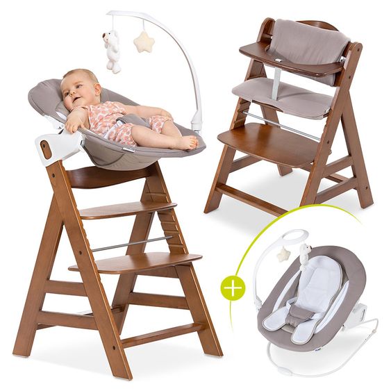 Hauck Alpha Plus Walnut Newborn Set Deluxe - 4-tlg. Hochstuhl + Neugeborenenaufsatz (Rückenlehne verstellbar) + Sitzkissen