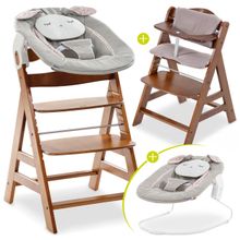 Alpha Plus Walnut Newborn Set Powder Bunny - 4-tlg. Hochstuhl + Neugeborenenaufsatz + Sitzkissen Beige