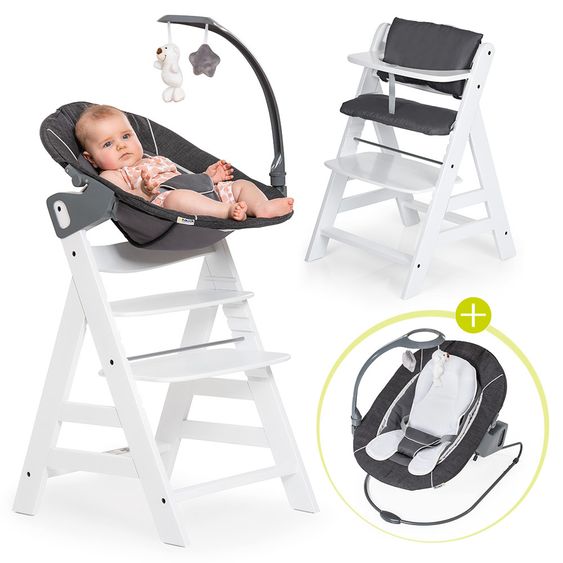 Hauck Alpha Plus Weiß Newborn Set Deluxe - 4-tlg. Hochstuhl + 2in1 Neugeboreneneinsatz (verstellbar) + Sitzpolster