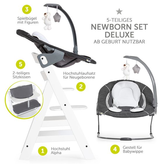 Hauck Alpha Plus Weiß Newborn Set Deluxe - 4-tlg. Hochstuhl + 2in1 Neugeboreneneinsatz (verstellbar) + Sitzpolster