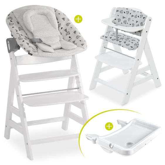 Hauck Alpha Plus Weiss XL Newborn Set - Hochstuhl + 2in1 Aufsatz + Alpha Tray Essbrett + Sitzauflage - Nordic Grey