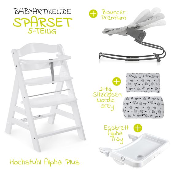 Hauck Alpha Plus Weiss XL Newborn Set - Hochstuhl + 2in1 Aufsatz + Alpha Tray Essbrett + Sitzauflage - Nordic Grey