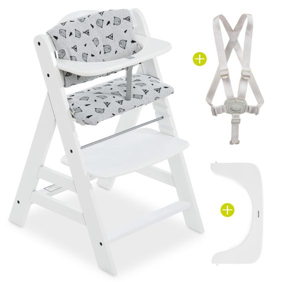 Hauck Alpha Plus White XL Newborn Set - High Chair + 2in1 Attachment + Alpha Tray Eating Board + Seat Cover - Nordic Grey