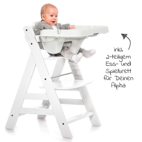 Hauck Alpha Plus White XL Newborn Set - High Chair + 2in1 Attachment + Alpha Tray Eating Board + Seat Cover - Nordic Grey