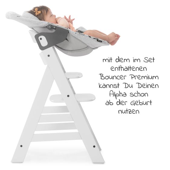 Hauck Alpha Plus White XL Newborn Set - High Chair + 2in1 Attachment + Alpha Tray Eating Board + Seat Cover - Nordic Grey