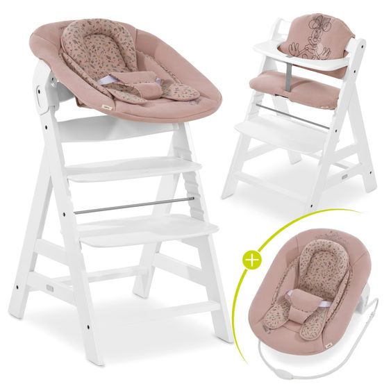 Hauck Alpha Plus White 4-tlg. Newborn Set Disney - Hochstuhl + 2in1 Babyaufsatz & Wippe Bambi + Sitzkissen Minnie Mouse - Rose