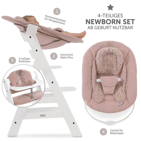 Hauck Alpha Plus White 4-tlg. Newborn Set Disney - Hochstuhl + 2in1 Babyaufsatz & Wippe Bambi + Sitzkissen Minnie Mouse - Rose