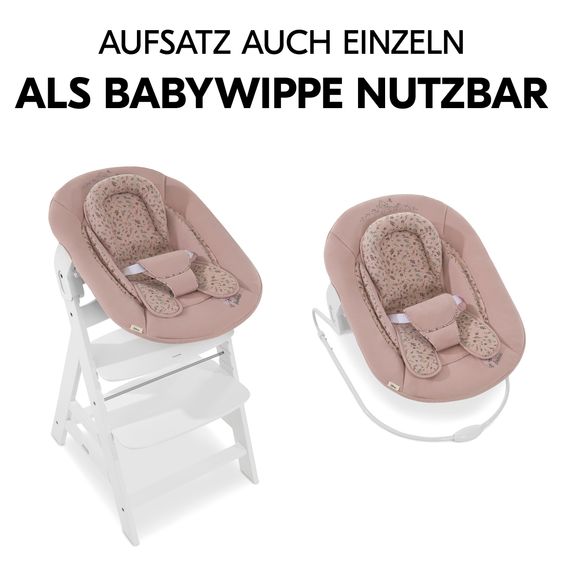 Hauck Alpha Plus White 4-tlg. Newborn Set Disney - Hochstuhl + 2in1 Babyaufsatz & Wippe Bambi + Sitzkissen Minnie Mouse - Rose