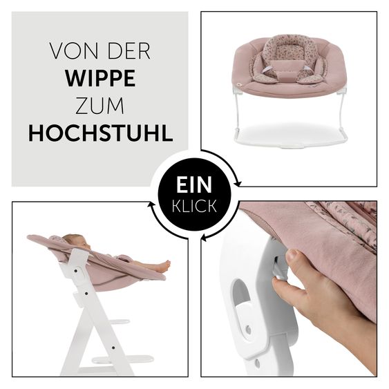 Hauck Alpha Plus White 4-tlg. Newborn Set Disney - Hochstuhl + 2in1 Babyaufsatz & Wippe Bambi + Sitzkissen Minnie Mouse - Rose
