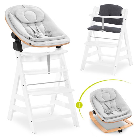 Hauck Alpha Plus White 4-tlg. Newborn Set Eco - Hochstuhl + 2in1 Babyaufsatz & Wippe + Sitzkissen - Light Grey / Charcoal