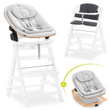 Alpha Plus White Set neonato 4 pezzi Eco - Seggiolone + Attaccabimbi e dondolo 2in1 + Cuscino per la seduta - Grigio chiaro / Carbone