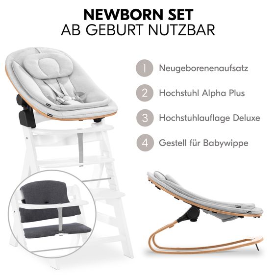 Hauck Alpha Plus White 4-tlg. Newborn Set Eco - Hochstuhl + 2in1 Babyaufsatz & Wippe + Sitzkissen - Light Grey / Charcoal