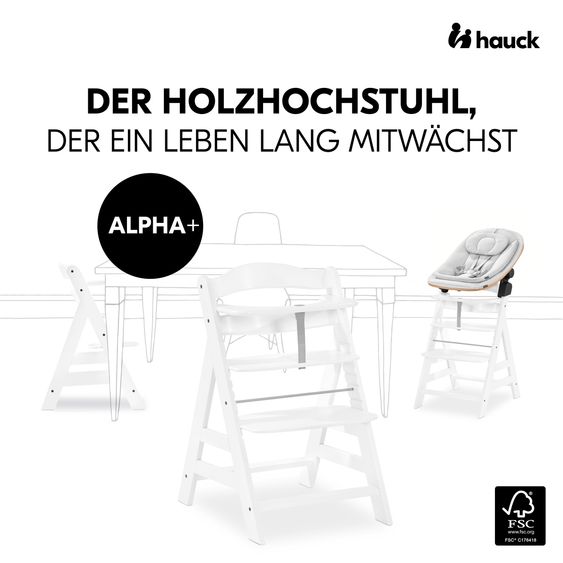 Hauck Alpha Plus White 4-tlg. Newborn Set Eco - Hochstuhl + 2in1 Babyaufsatz & Wippe + Sitzkissen - Light Grey / Charcoal