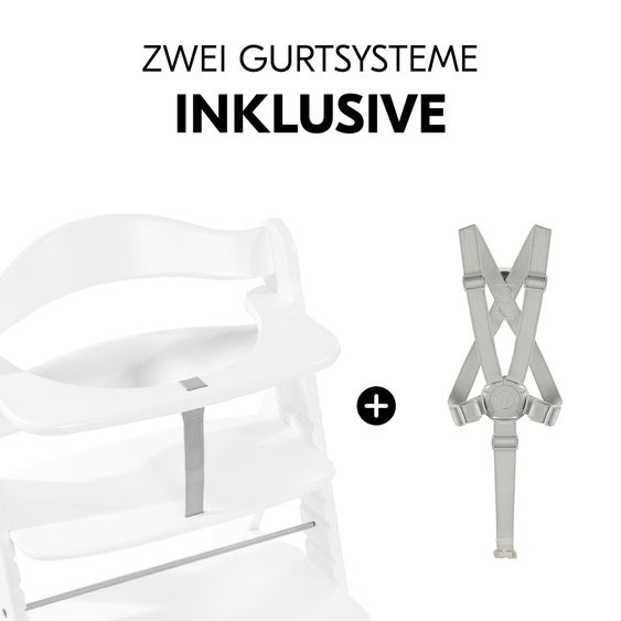 Hauck Alpha Plus White 4-tlg. Newborn Set Eco - Hochstuhl + 2in1 Babyaufsatz & Wippe + Sitzkissen - Light Grey / Charcoal