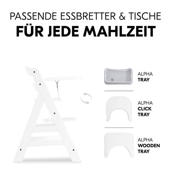 Hauck Alpha Plus White 4-tlg. Newborn Set Eco - Hochstuhl + 2in1 Babyaufsatz & Wippe + Sitzkissen - Light Grey / Charcoal