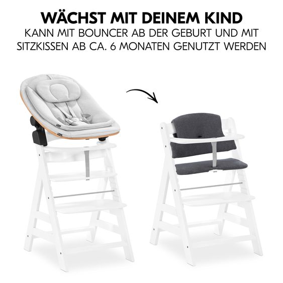 Hauck Alpha Plus White 4-tlg. Newborn Set Eco - Hochstuhl + 2in1 Babyaufsatz & Wippe + Sitzkissen - Light Grey / Charcoal