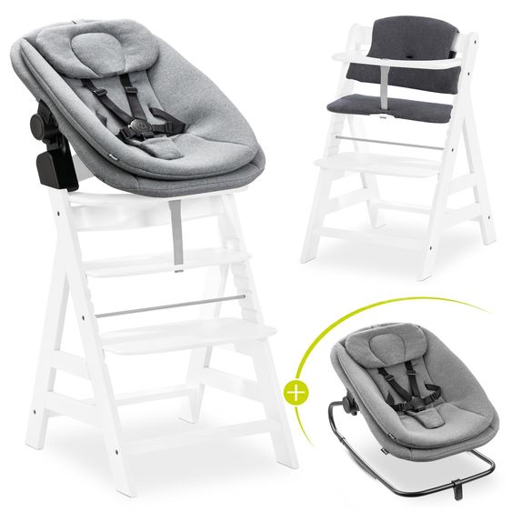 Hauck Alpha Plus White 4-tlg. Newborn Set - Hochstuhl + 2in1 Babyaufsatz & Wippe + Sitzkissen - Dark Grey Melange