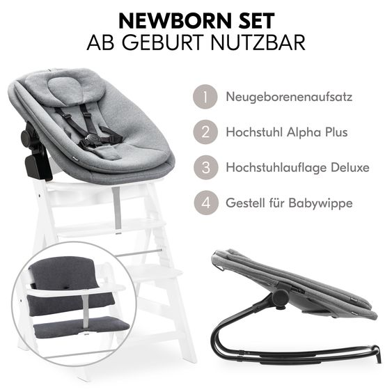 Hauck Alpha Plus White 4-tlg. Newborn Set - Hochstuhl + 2in1 Babyaufsatz & Wippe + Sitzkissen - Dark Grey Melange