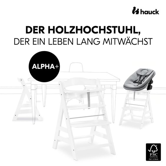 Hauck Alpha Plus White 4-tlg. Newborn Set - Hochstuhl + 2in1 Babyaufsatz & Wippe + Sitzkissen - Dark Grey Melange