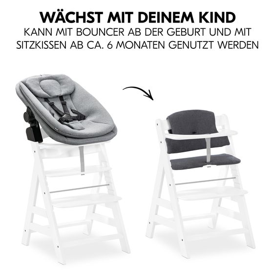 Hauck Alpha Plus White 4-tlg. Newborn Set - Hochstuhl + 2in1 Babyaufsatz & Wippe + Sitzkissen - Dark Grey Melange