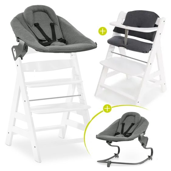 Hauck Alpha Plus White 4-tlg. Newborn Set - Hochstuhl + 2in1 Neugeborenen-Aufsatz & Wippe + Hochstuhlauflage - Jersey Charcoal