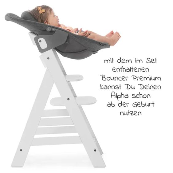 Hauck Alpha Plus White 4-tlg. Newborn Set - Hochstuhl + 2in1 Neugeborenen-Aufsatz & Wippe + Hochstuhlauflage - Jersey Charcoal