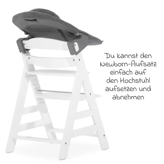 Hauck Alpha Plus White 4-tlg. Newborn Set - Hochstuhl + 2in1 Neugeborenen-Aufsatz & Wippe + Hochstuhlauflage - Jersey Charcoal