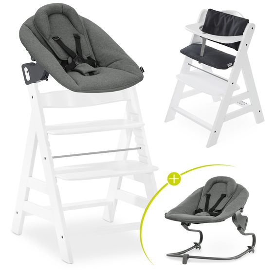 Hauck 4-pc. Alpha Plus Newborn Set - High Chair + Bouncer 2in1 Premium in Dark Grey + High Chair Cushion Deluxe in Melange Charcoal - White