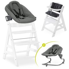 Set Newborn Alpha Plus 4 pz. - Seggiolone + Dondolo 2in1 Premium in Dark Grey + Cuscino per Seggiolone Deluxe in Melange Charcoal - Bianco